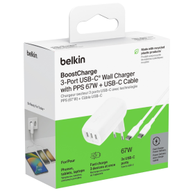 Adaptateur Secteur / Câble USB-C / USB-C – 3 USB-C BELKIN 67W – WCC002vf2MWH-B6