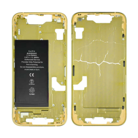 Châssis iPhone 14 Jaune – sans Connecteur de Charge avec Batterie sans Vitre Arrière (Origine Demonté) – Cassé